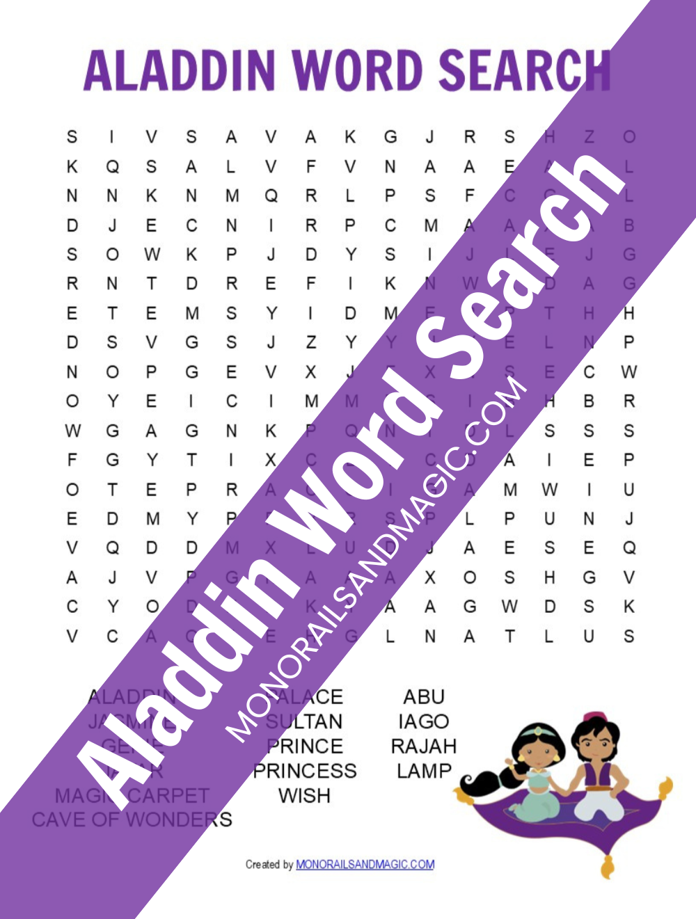 Free printable Aladdin word search for kids.
