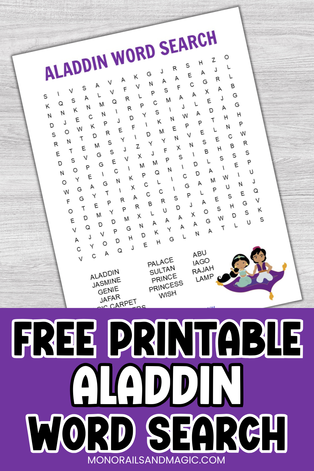 Free printable Aladdin word search for kids.