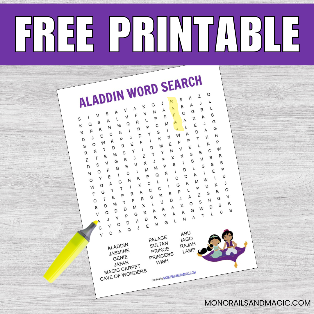 Free printable Aladdin word search for kids.