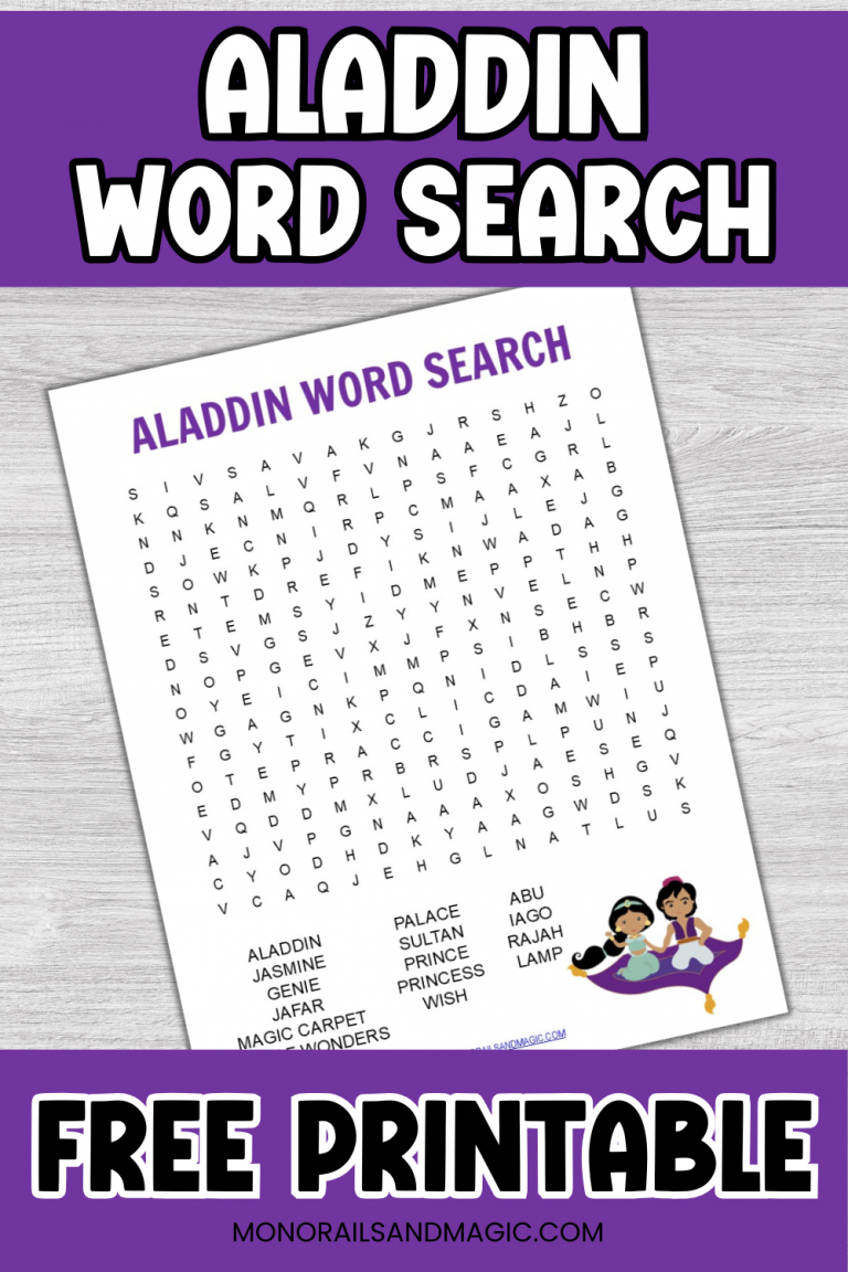 Free printable Aladdin word search for kids.