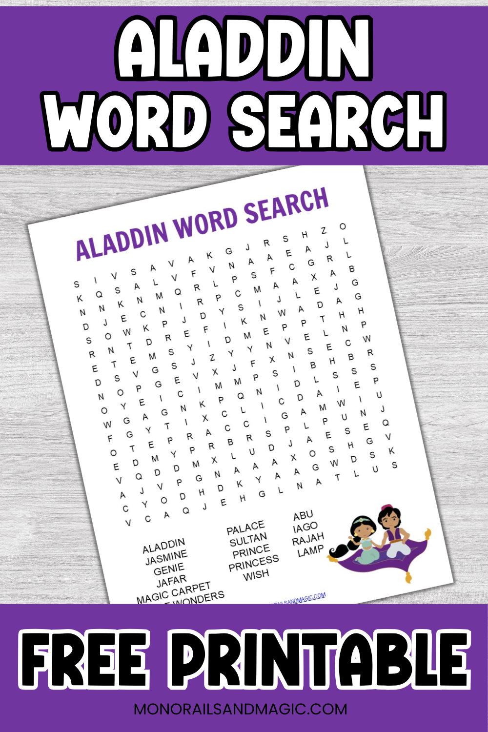 Free printable Aladdin word search for kids.