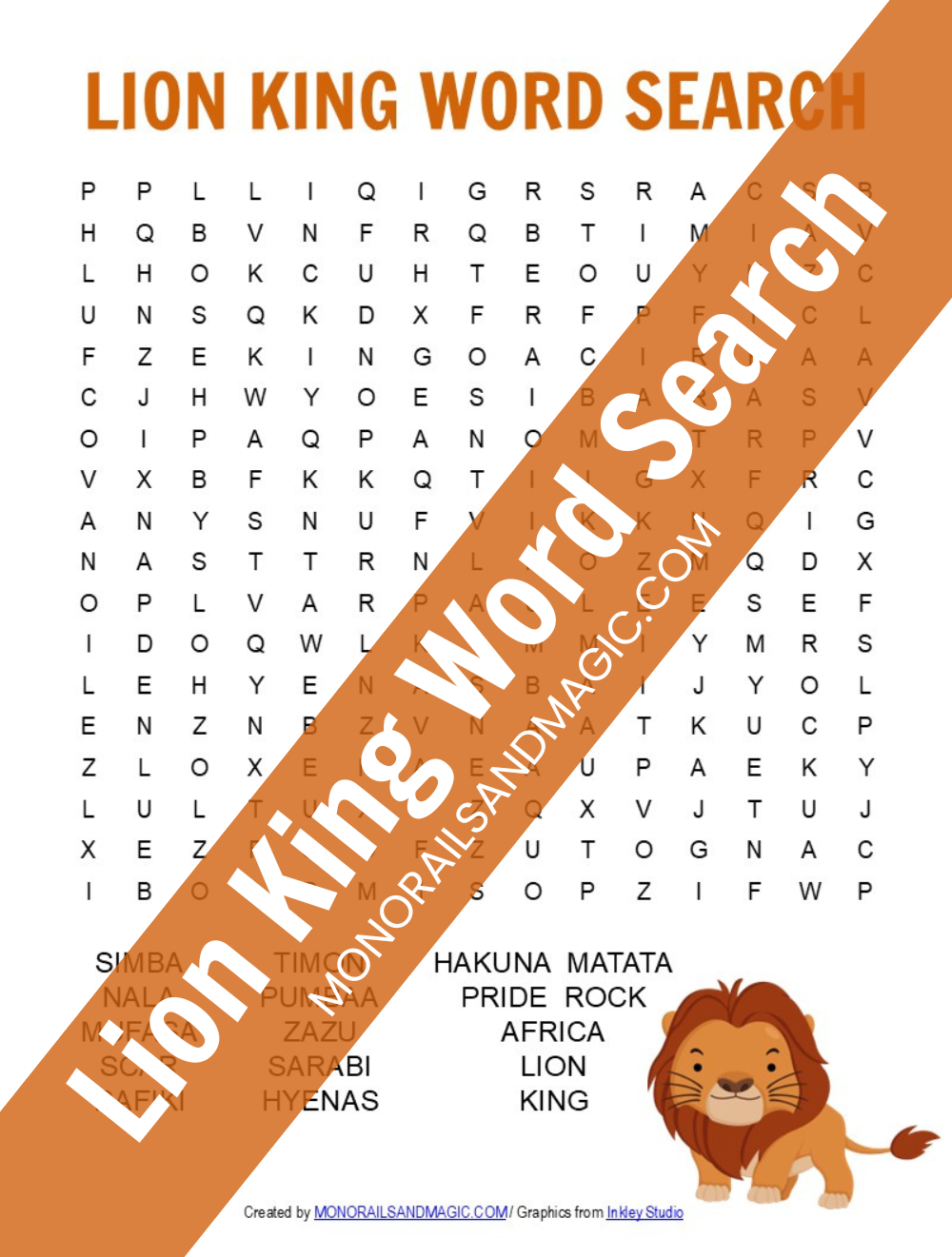 Free printable Lion King Word Search for kids.