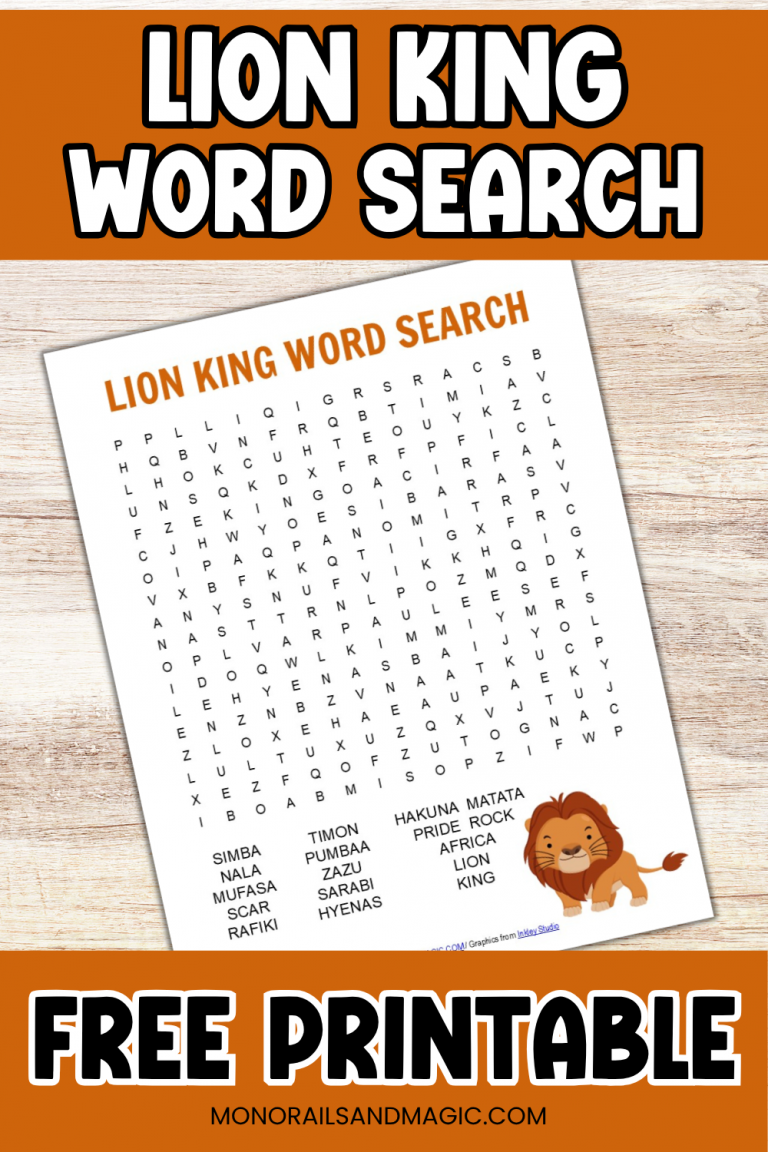 Free printable Lion King Word Search for kids.