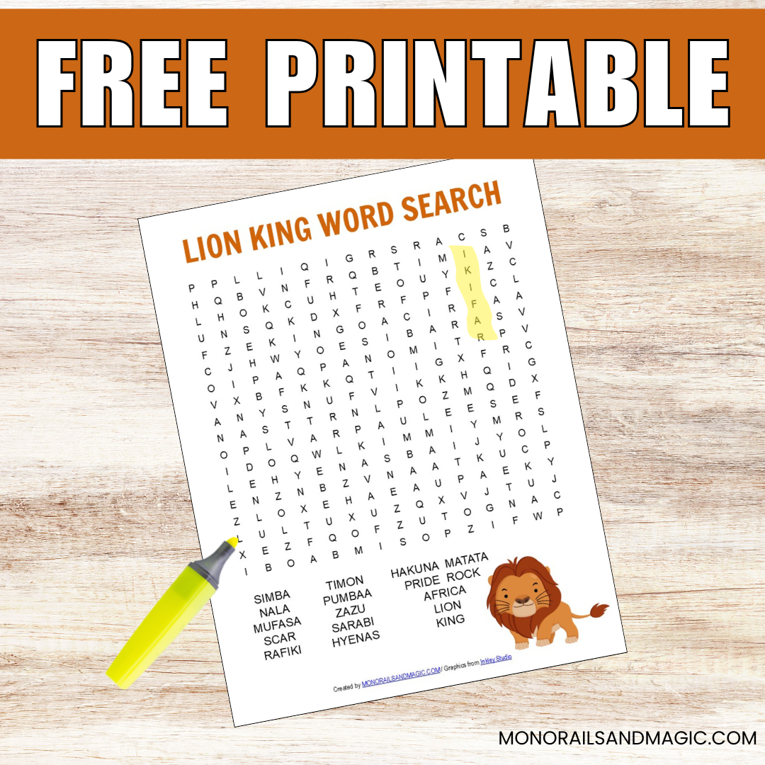Free printable Lion King word find for kids.
