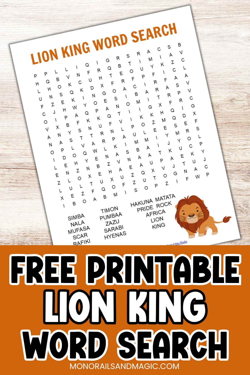 Free printable Lion King word search for kids.