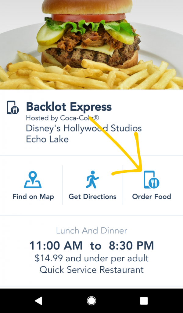 Where to find mobile ordering on the My Disney Experience app.