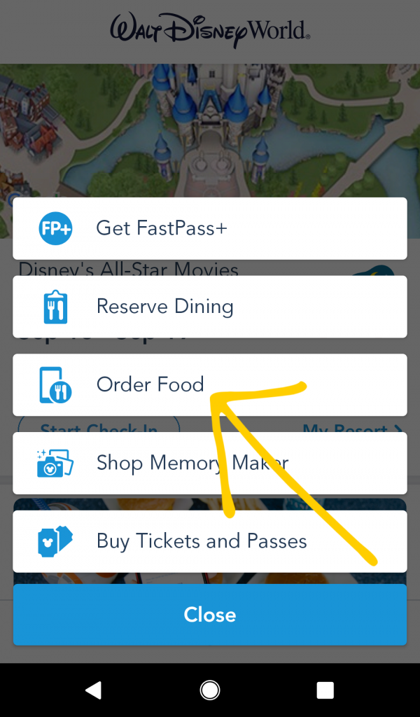 Where to find mobile ordering for Walt Disney World on the My Disney Experience app.