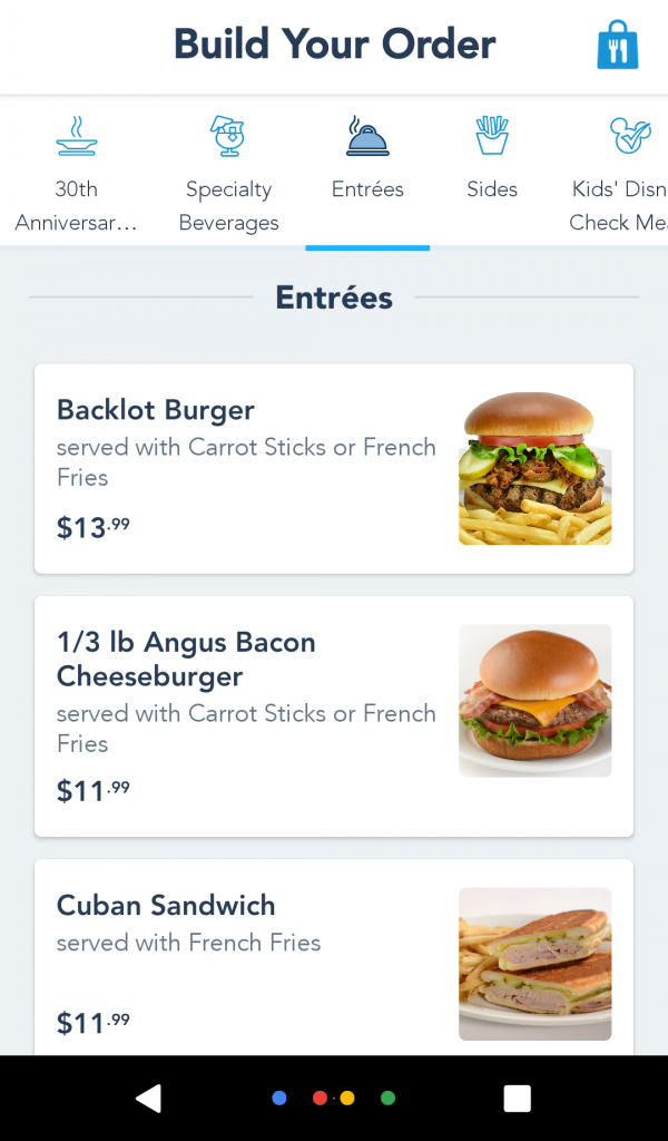 Mobile Order Menu Options at Backlot Express