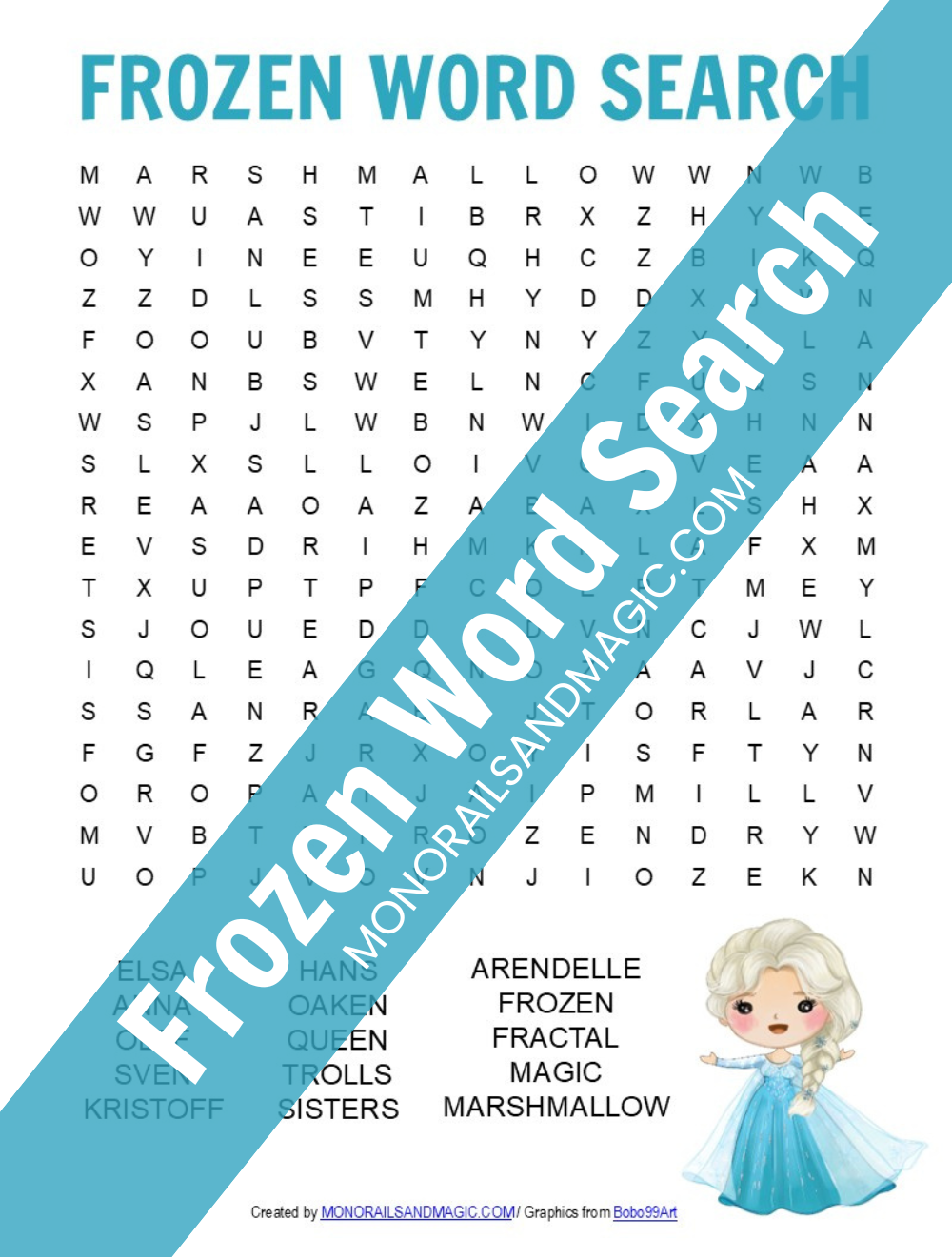 Free printable Frozen word search for kids.