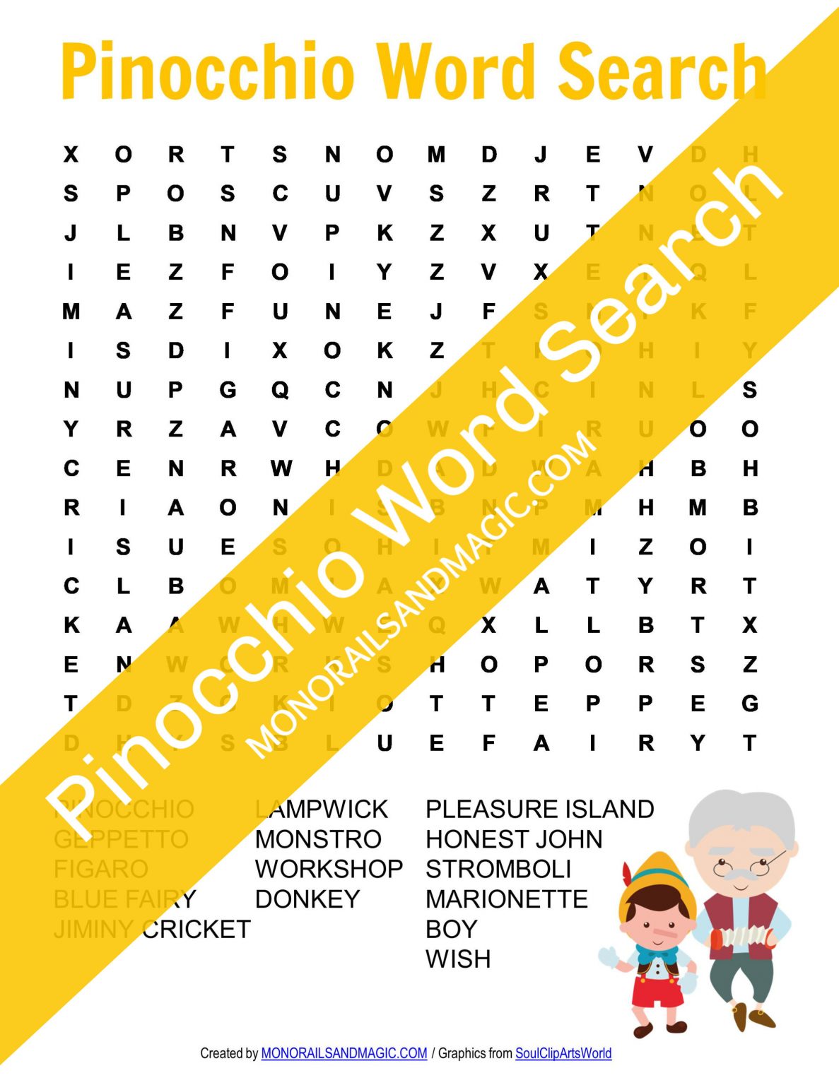 Pinocchio Word Search Free Printable | Monorails And Magic