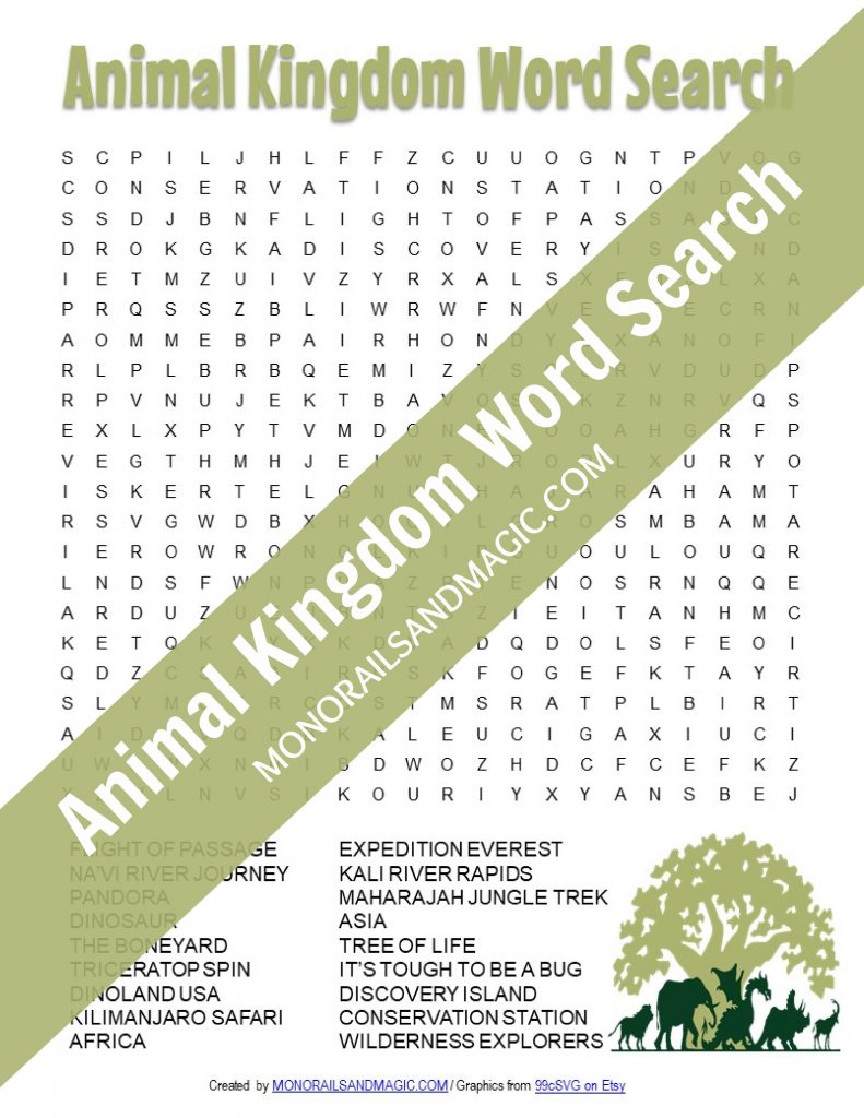 Free printable Animal Kingdom word search for kids.