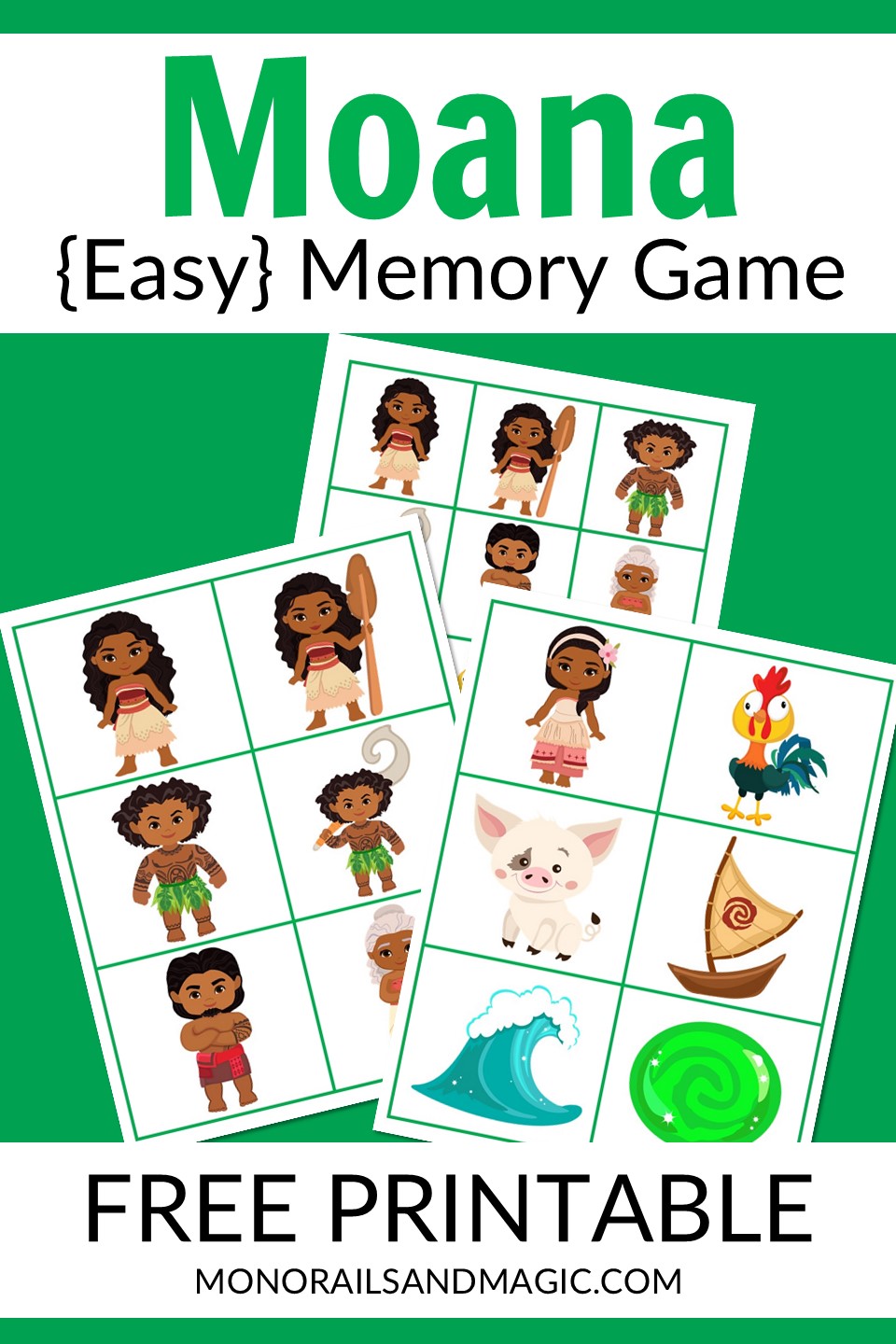 Free printable Moana memory game for kids.