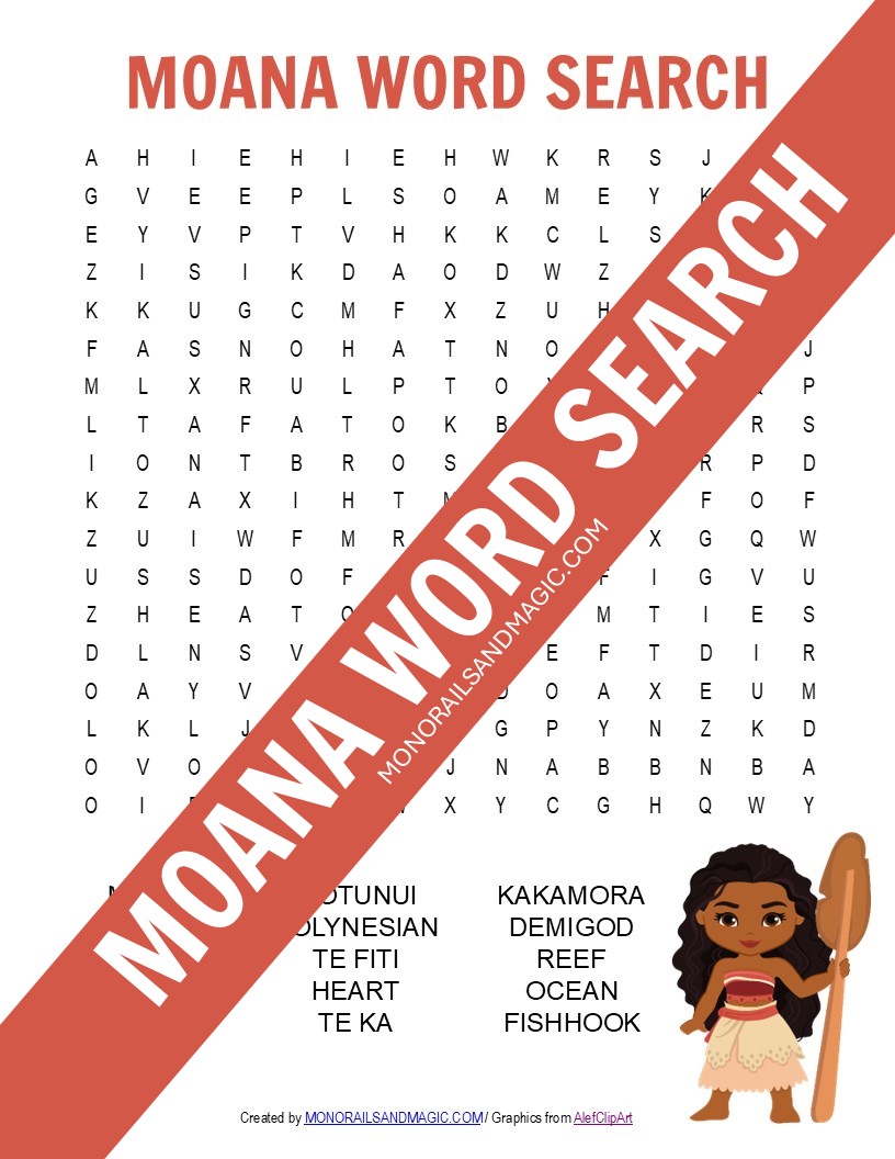 Free printable Moana word search for kids.