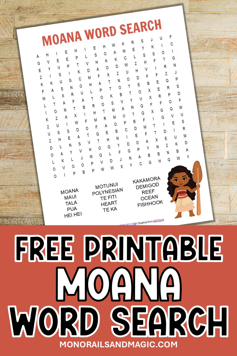 Free printable Moana word search for kids.