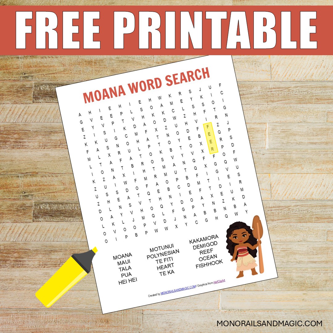 Free printable Moana word search for kids.