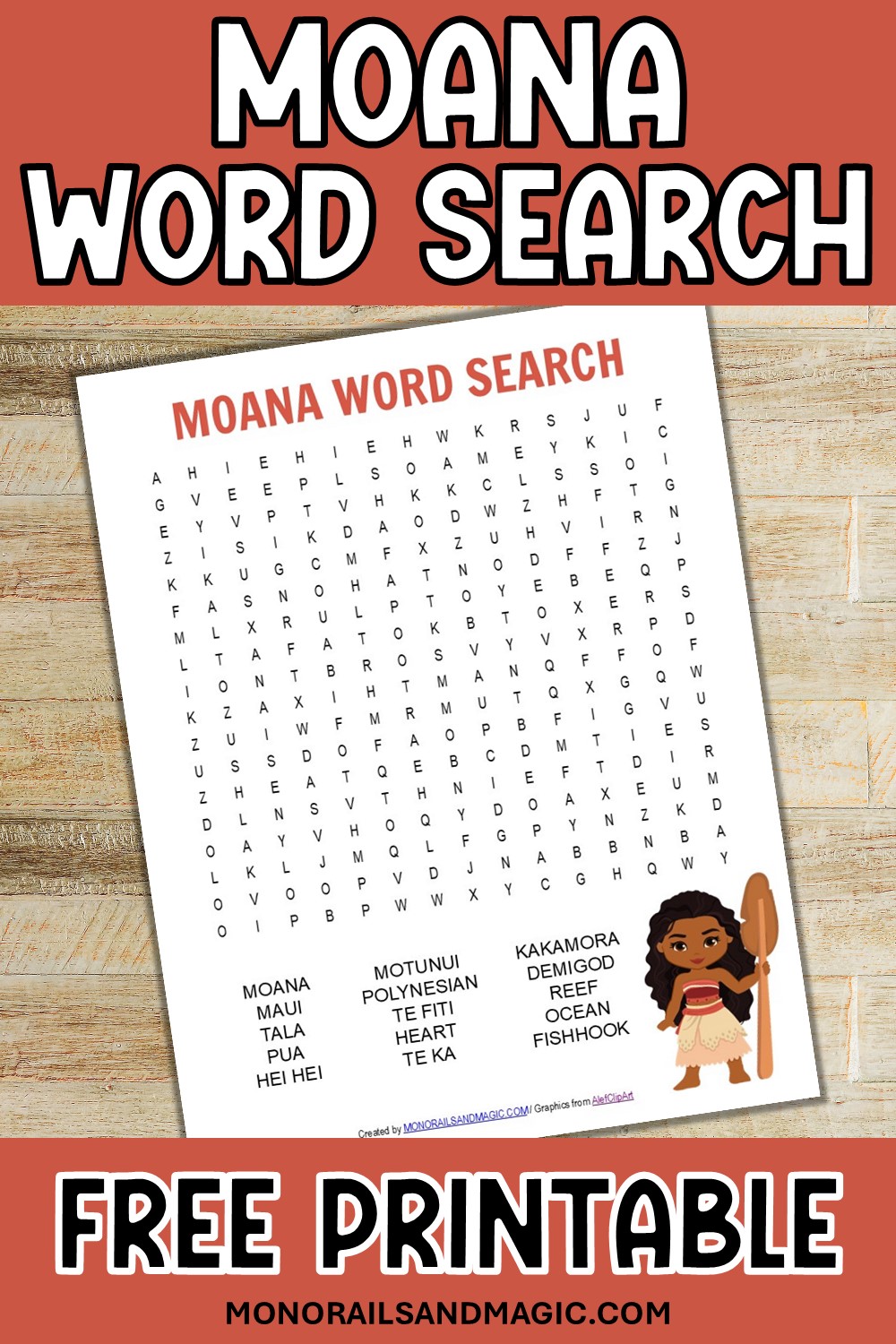 Free printable Moana word search for kids.