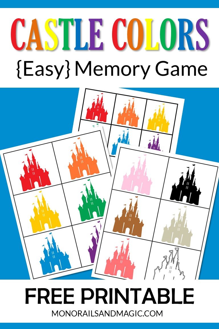 Disney castle colors memory game free printable for kids