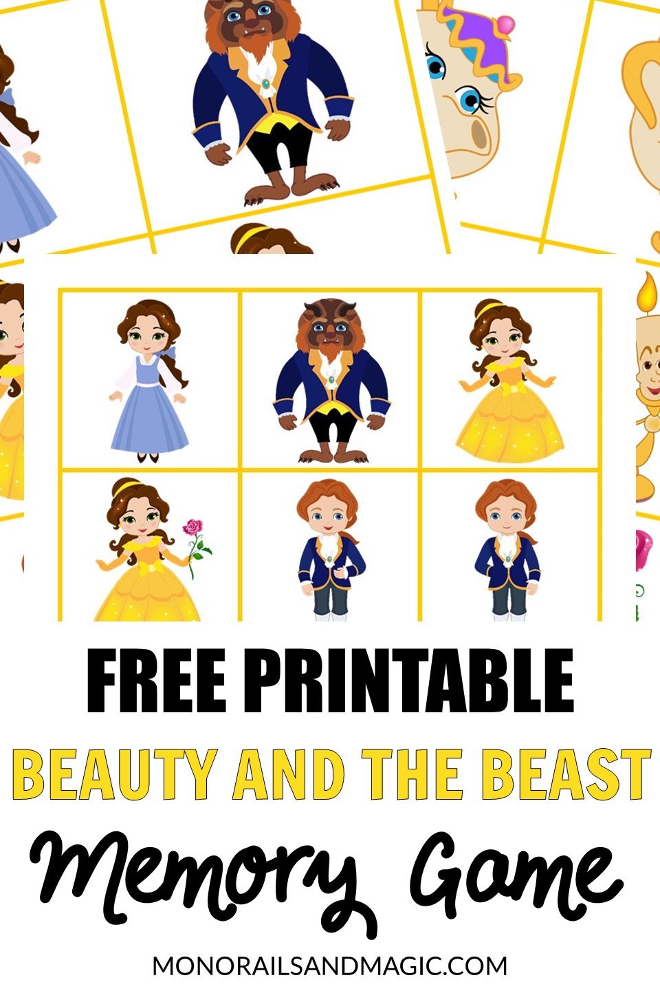 Free printable Beauty and the Beast memory game for kids.