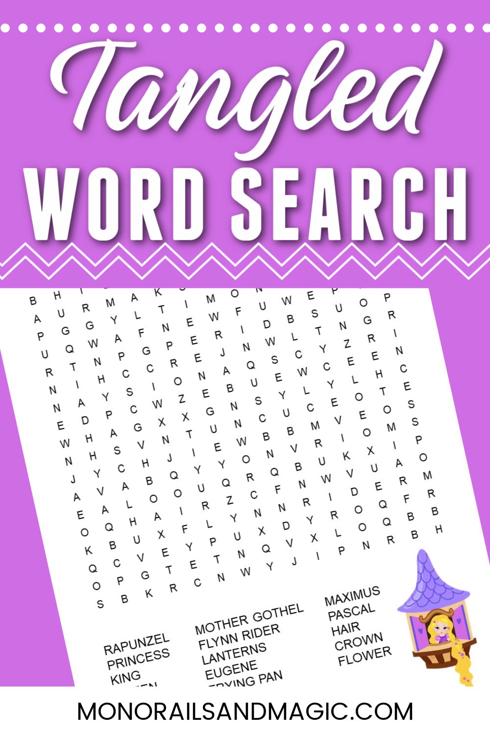 Free printable Tangled word search for kids.