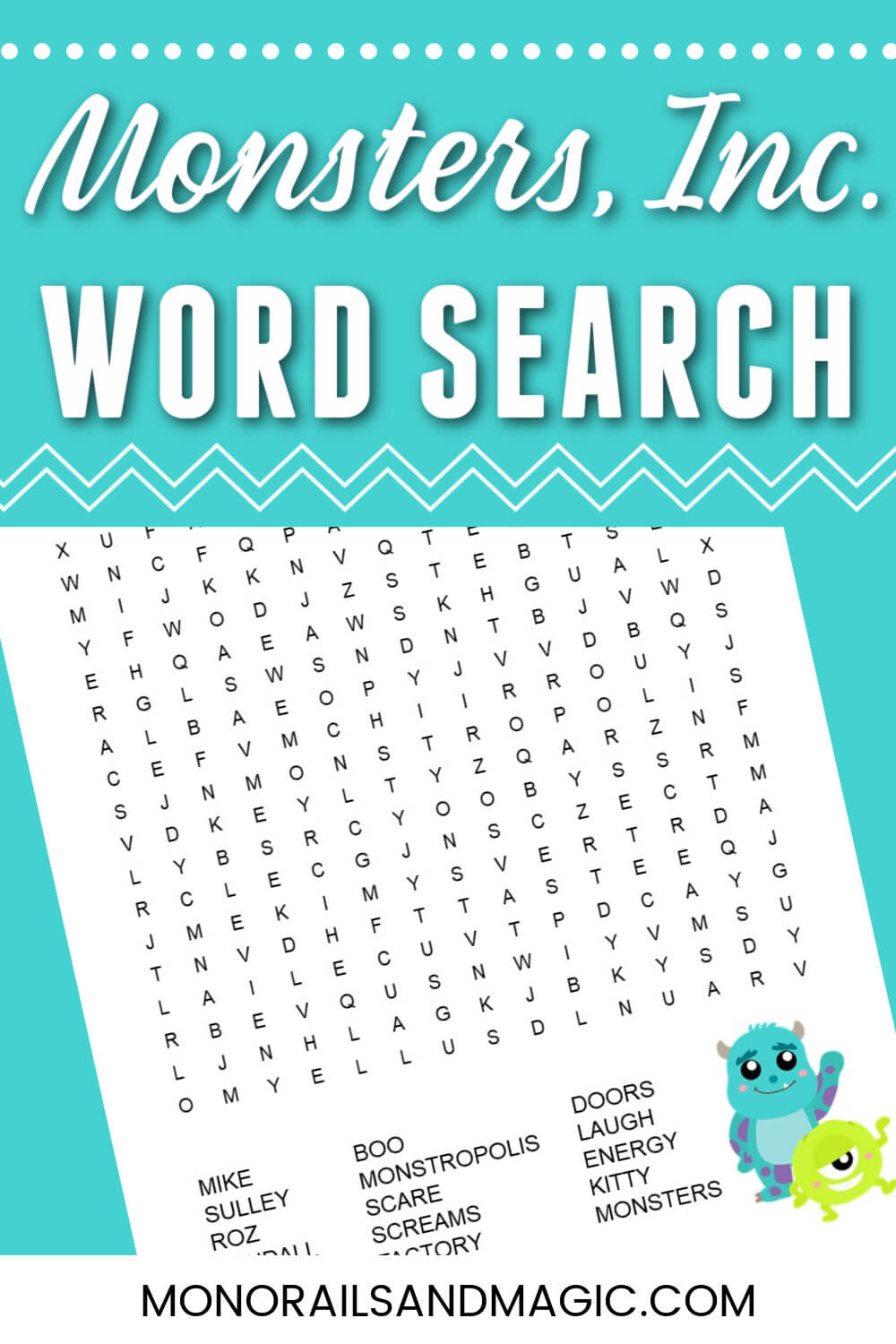 Free printable Monsters, Inc. word search for kids.