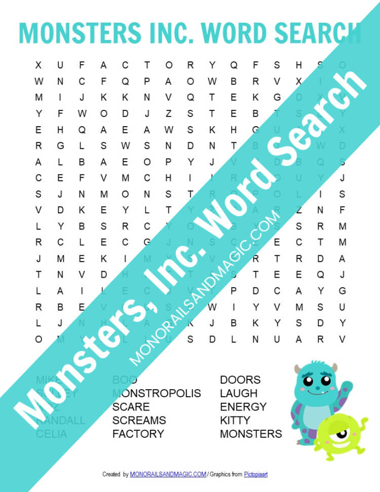Free printable Monsters, Inc. word search for kids.