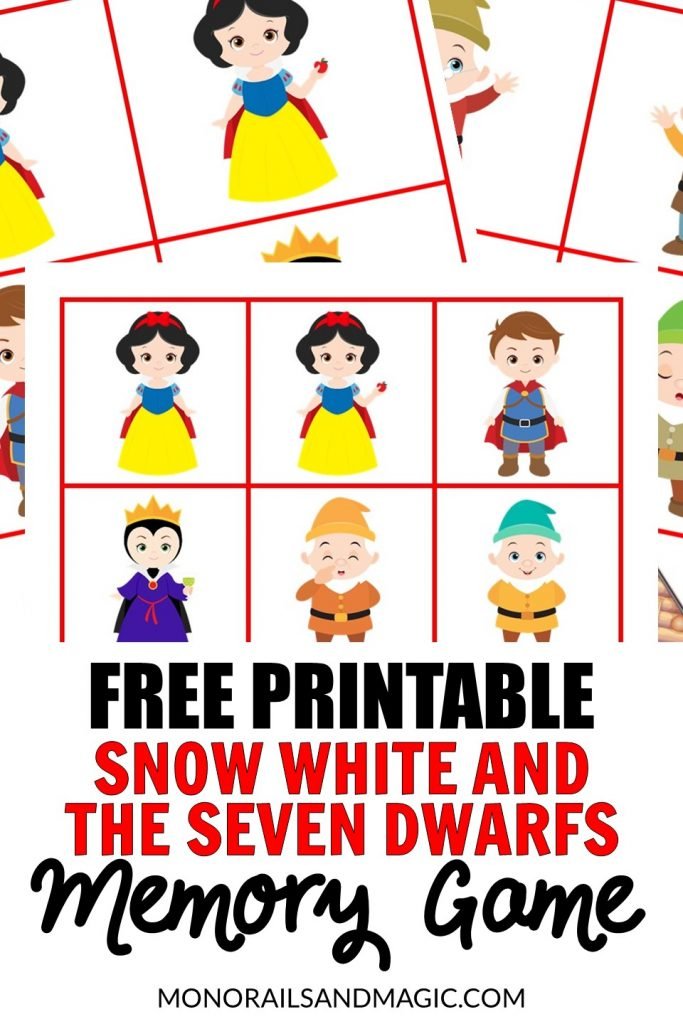 Free printable Snow White and the Seven Dwarfs memory game for kids.