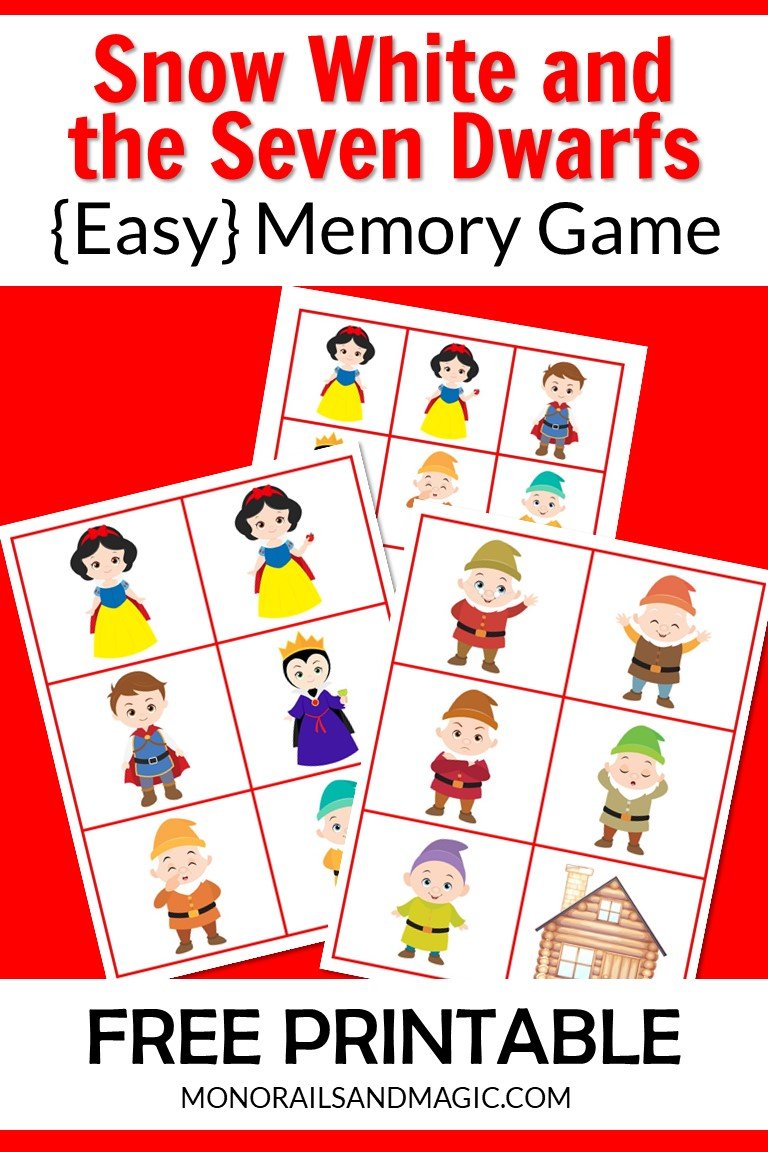 Free printable Snow White and the Seven Dwarfs memory game for kids.