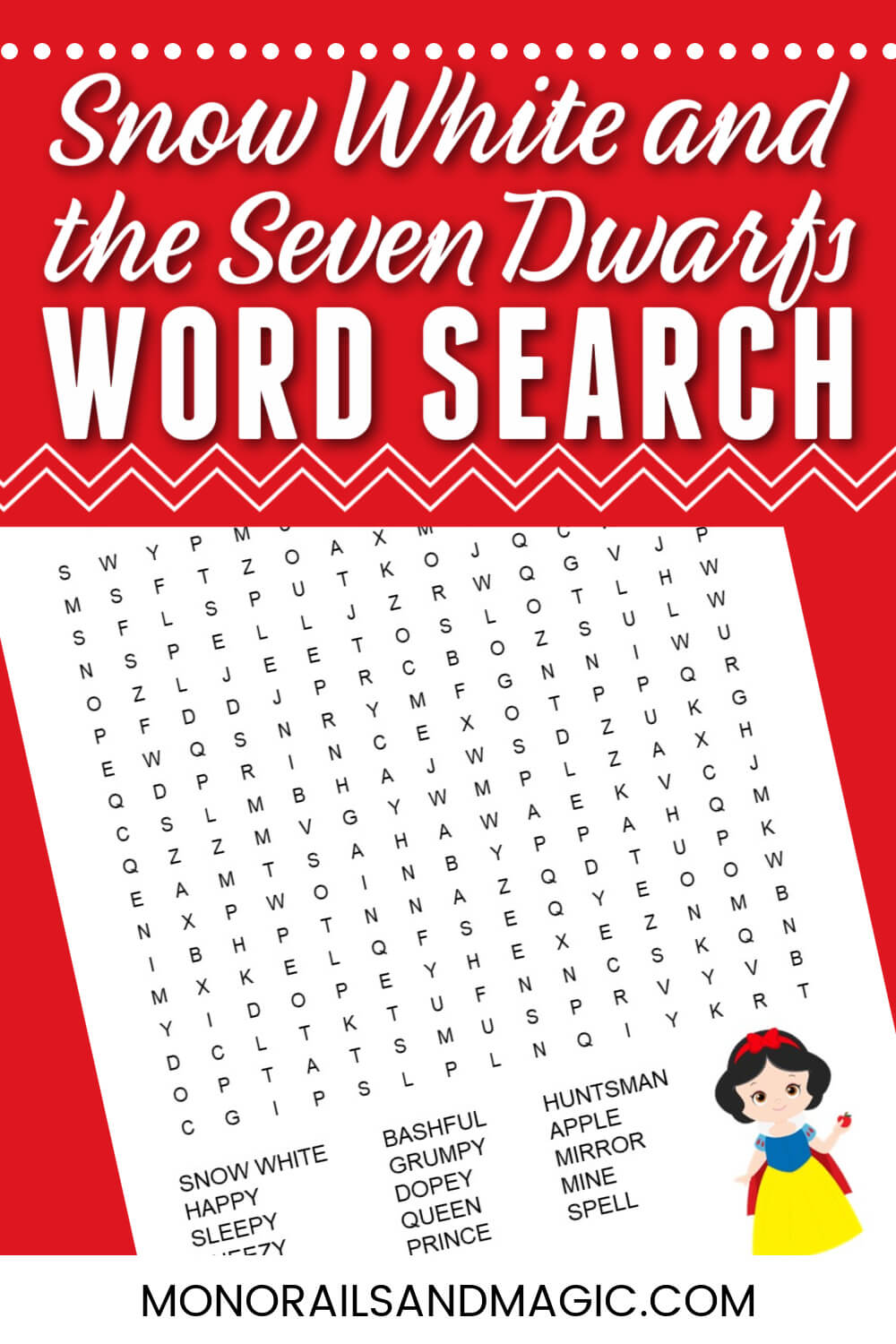 Free printable Snow White and the Seven Dwarfs word search for kids.