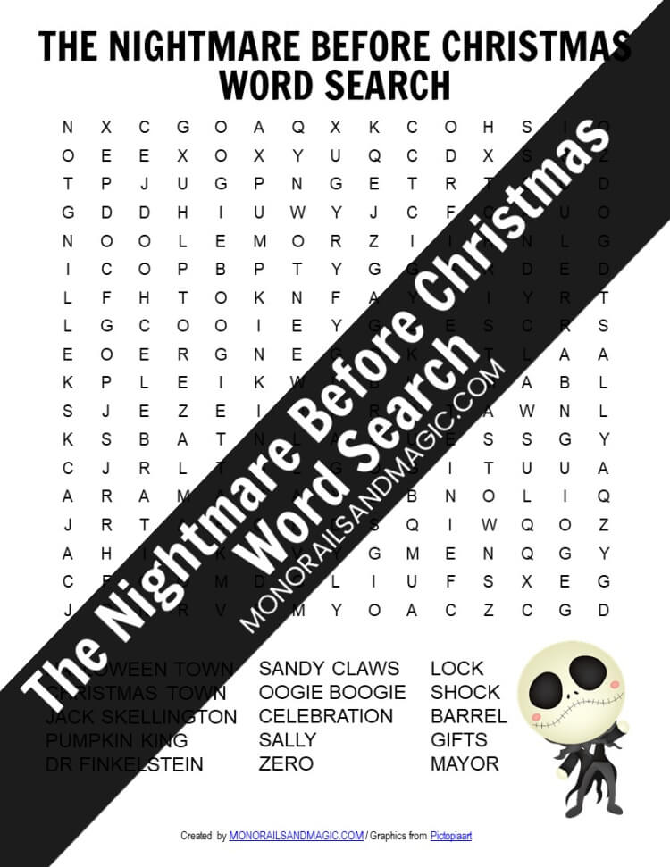 Free printable The Nightmare Before Christmas word search for kids.