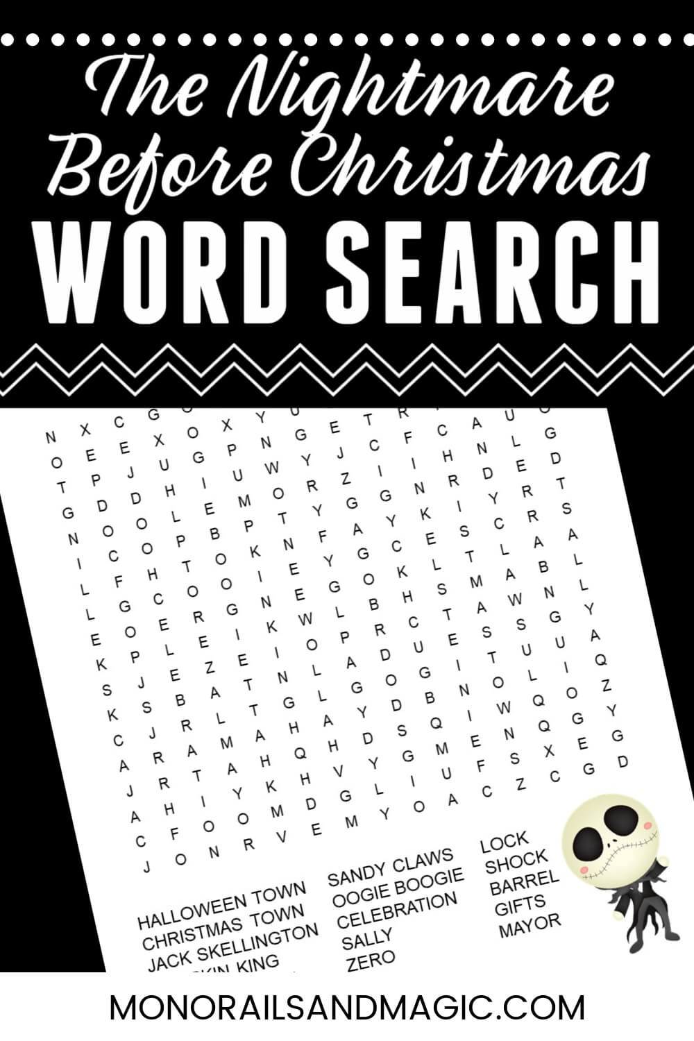 Free printable The Nightmare Before Christmas word search for kids.