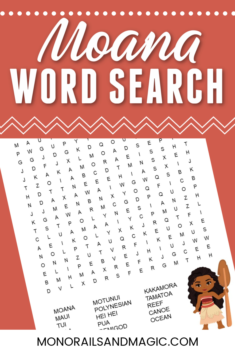 Free printable Moana word search for kids.