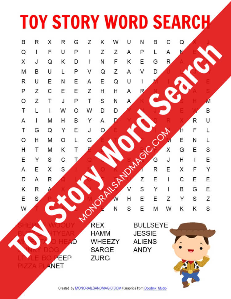 Free printable Toy Story word search for kids.
