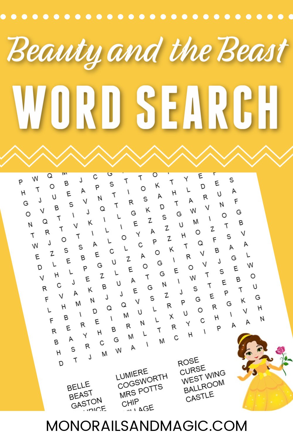 Free printable Beauty and the Beast word search for kids.