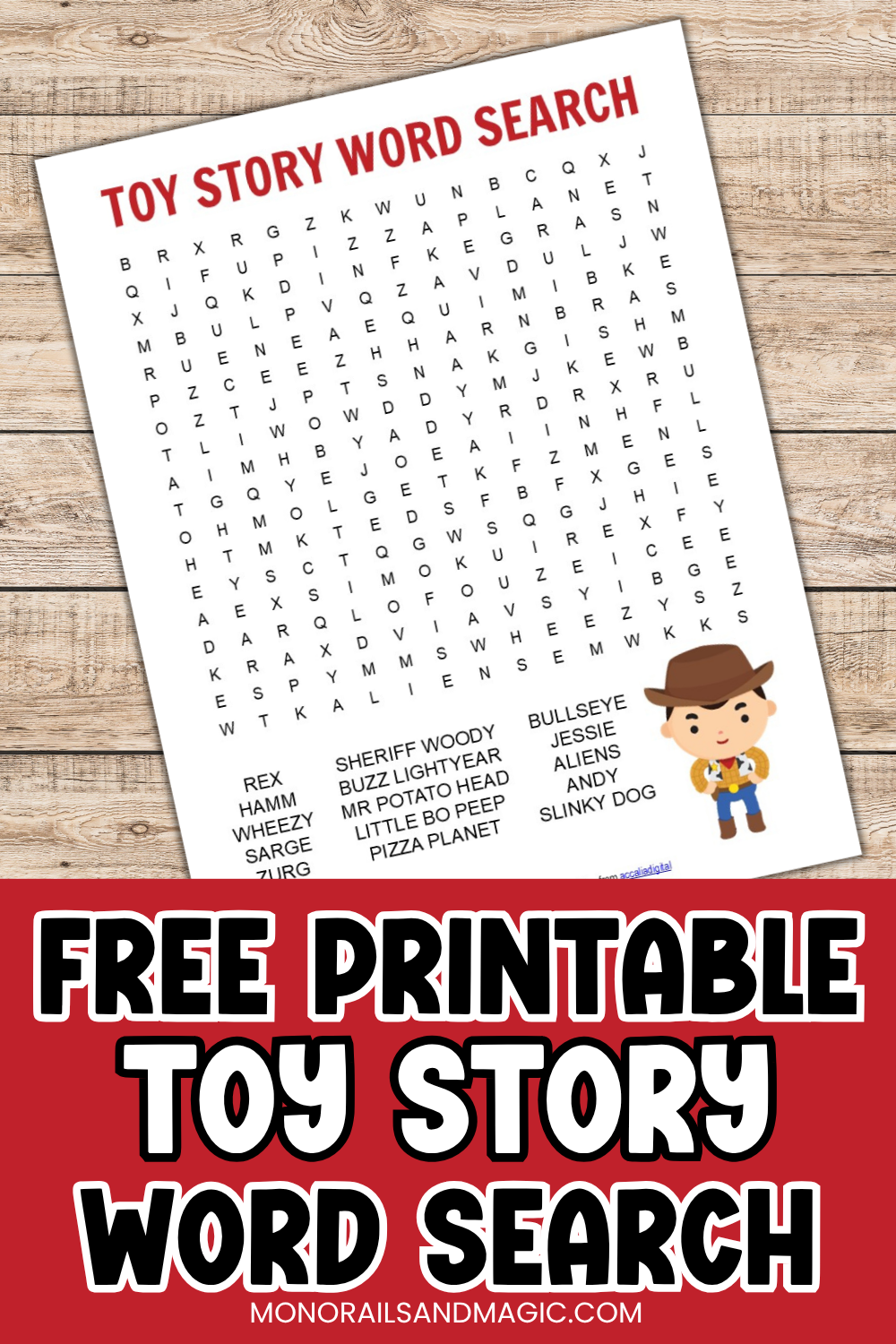 Free printable Toy Story word find for kids.