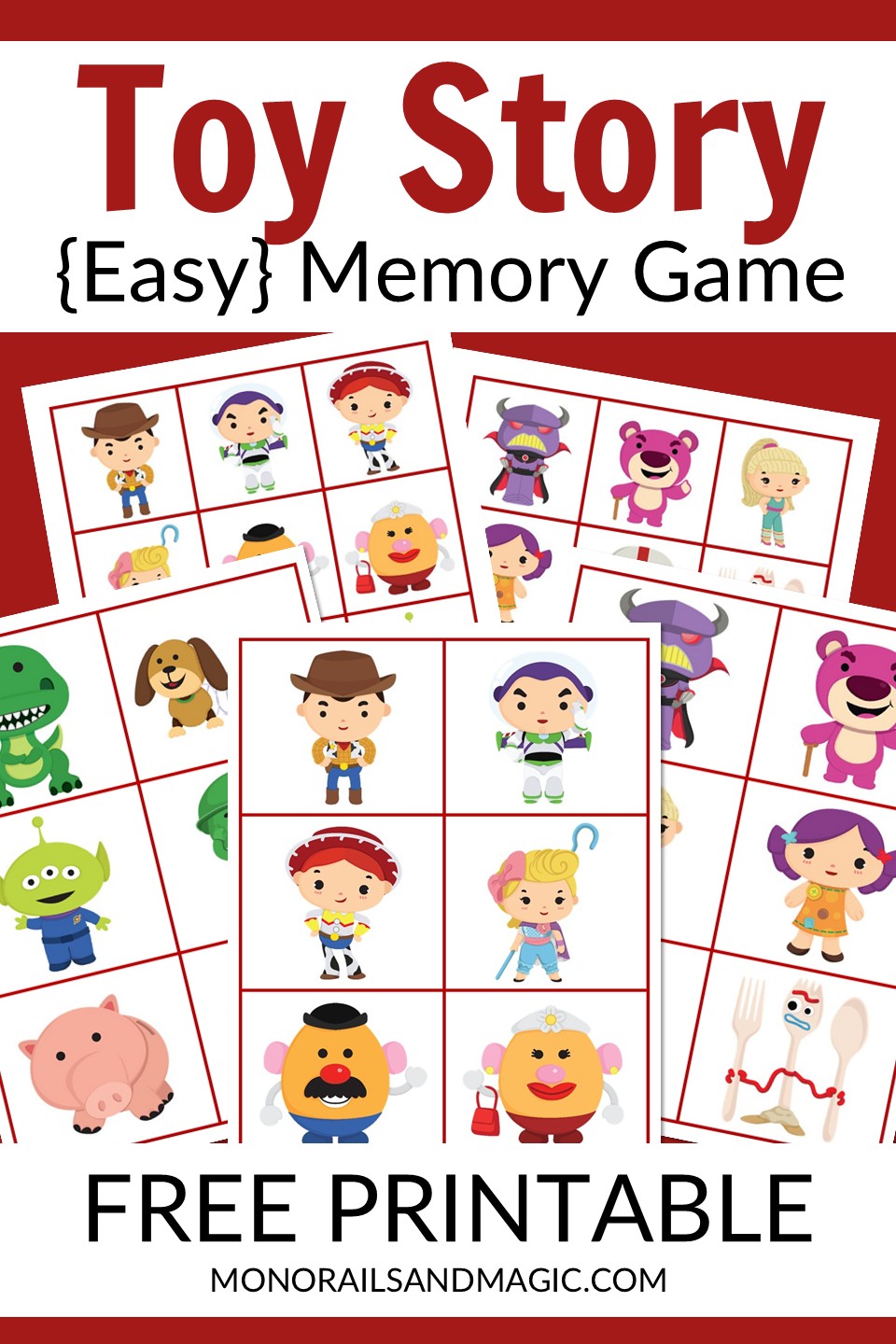 Free printable Toy Story Memory game for kids.