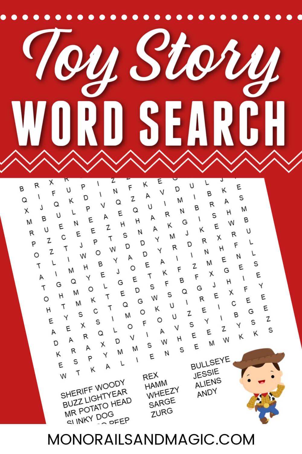 Free printable Toy Story word search for kids.