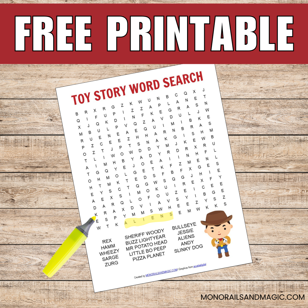 Free printable Toy Story word search for kids.