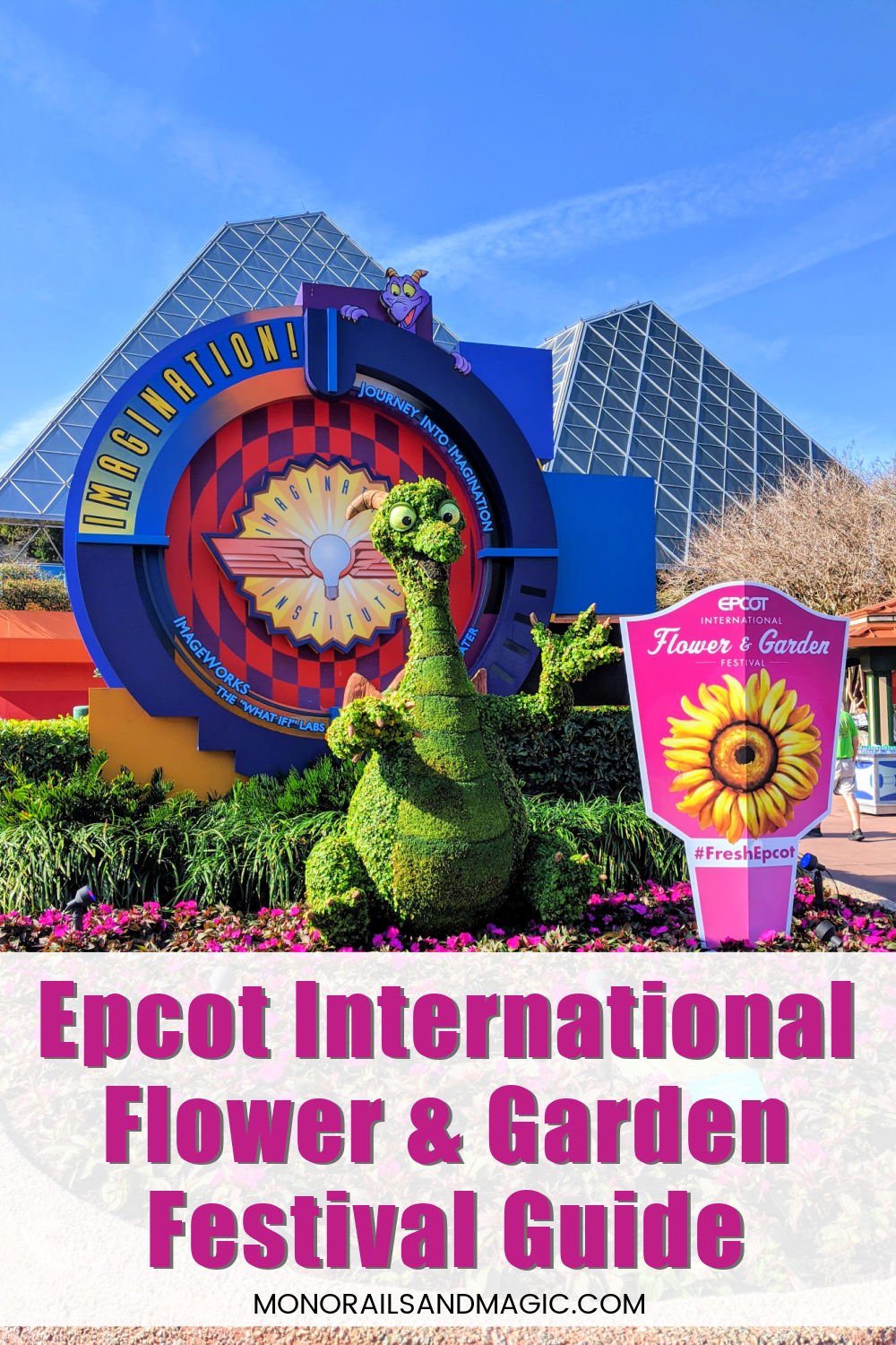 Epcot International Flower & Garden Festival with Figment topiary.