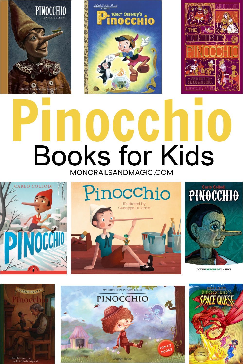 A list of Pinocchio books for kids.