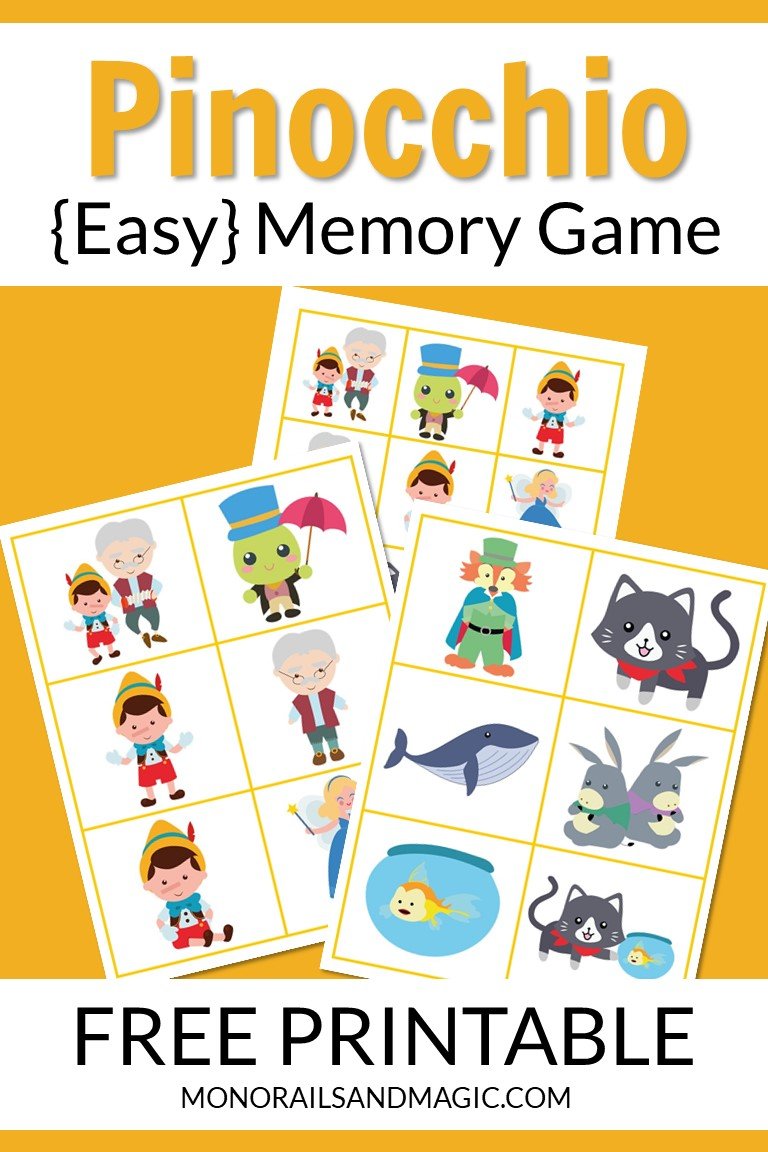Free printable Pinocchio memory game for kids.