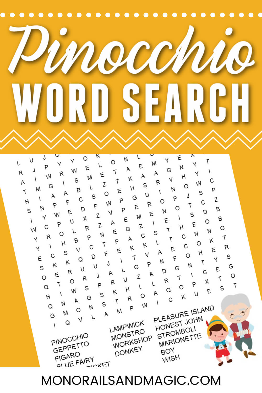 Free printable Pinocchio word search for kids.