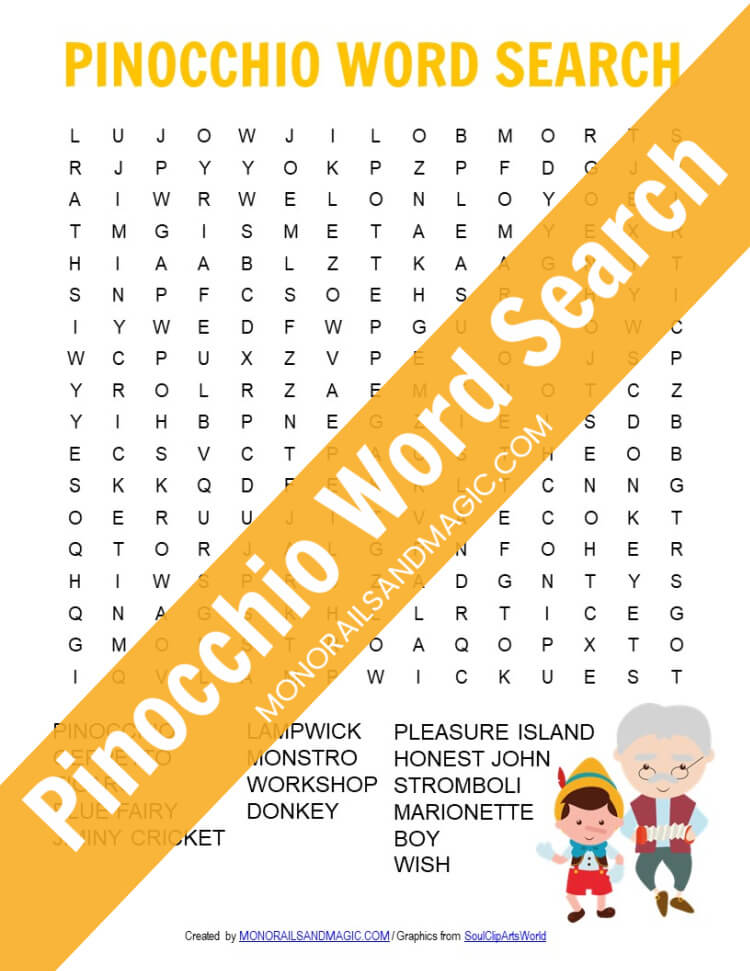 Free printable Pinocchio word search for kids.
