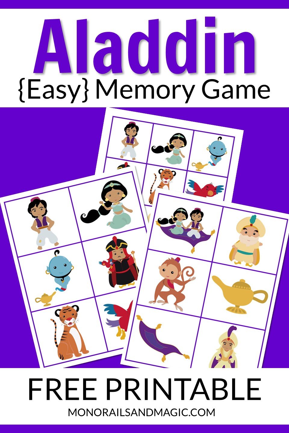 Free printable Aladdin memory game for kids.