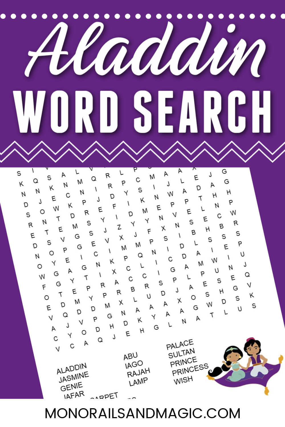 Free printable Aladdin word search for kids.