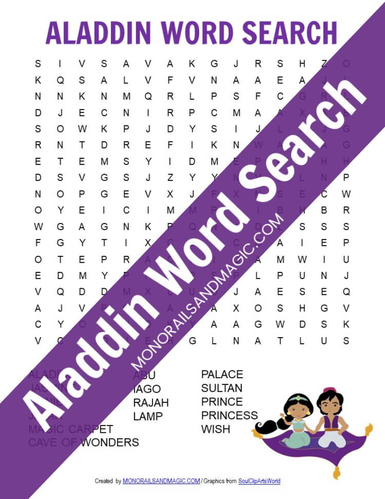 Free printable Aladdin word search for kids.