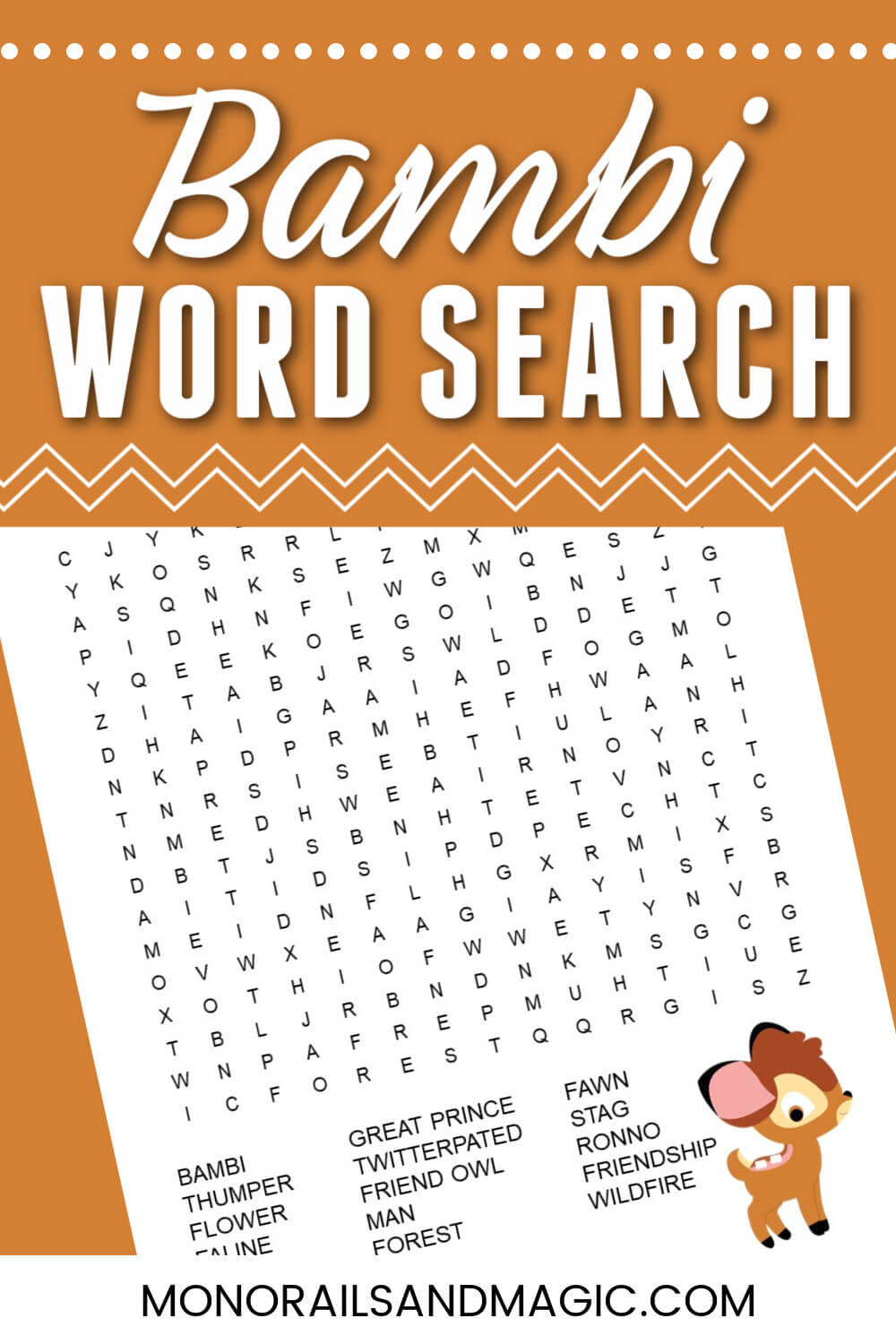 Free printable Bambi word search for kids.