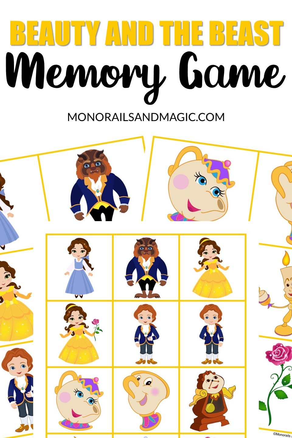 Free printable Beauty and the Beast memory game for kids.