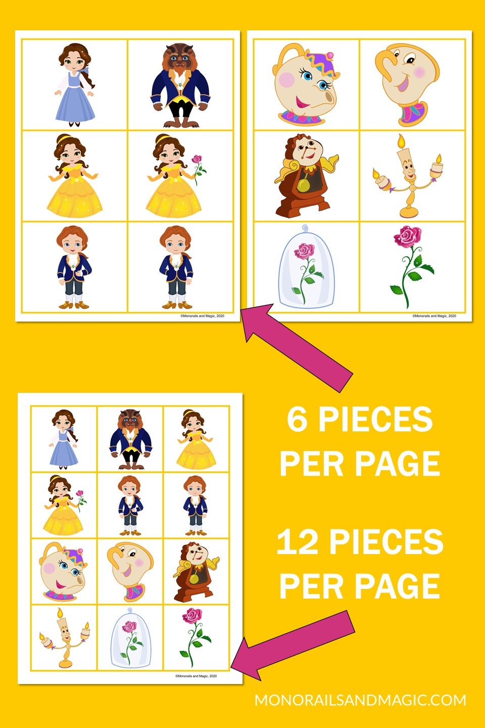 Free printable Beauty and the Beast memory game for kids.