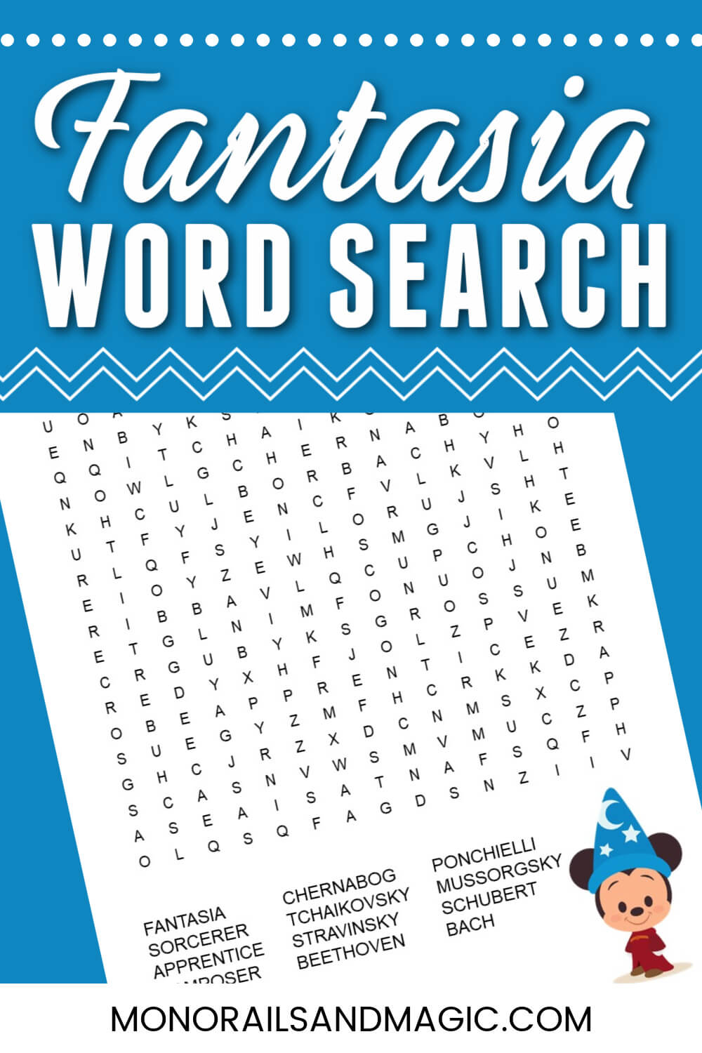 Free printable Fantasia word search for kids.