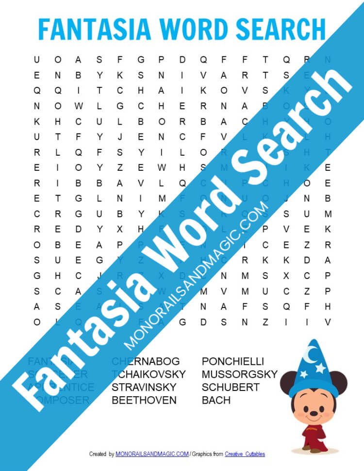 Free printable Fantasia word search for kids.